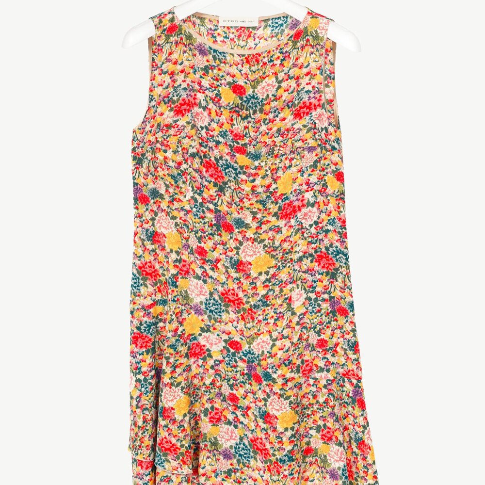 Etro Green & Pink Silk Floral-Print Mini Dress